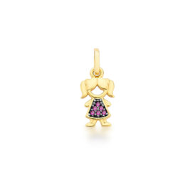 Pingente Ouro 18K Menina Cravejada Zirc. Vermelha